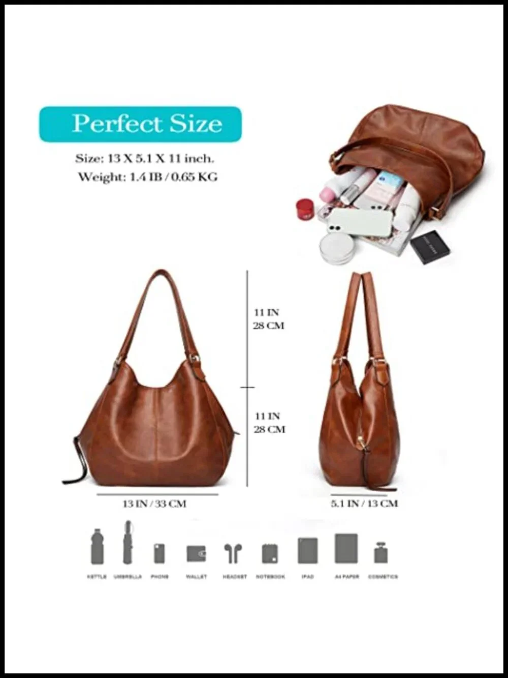 Vegan Leather Hobo Shoulder Bag Tote with Multiple Pockets